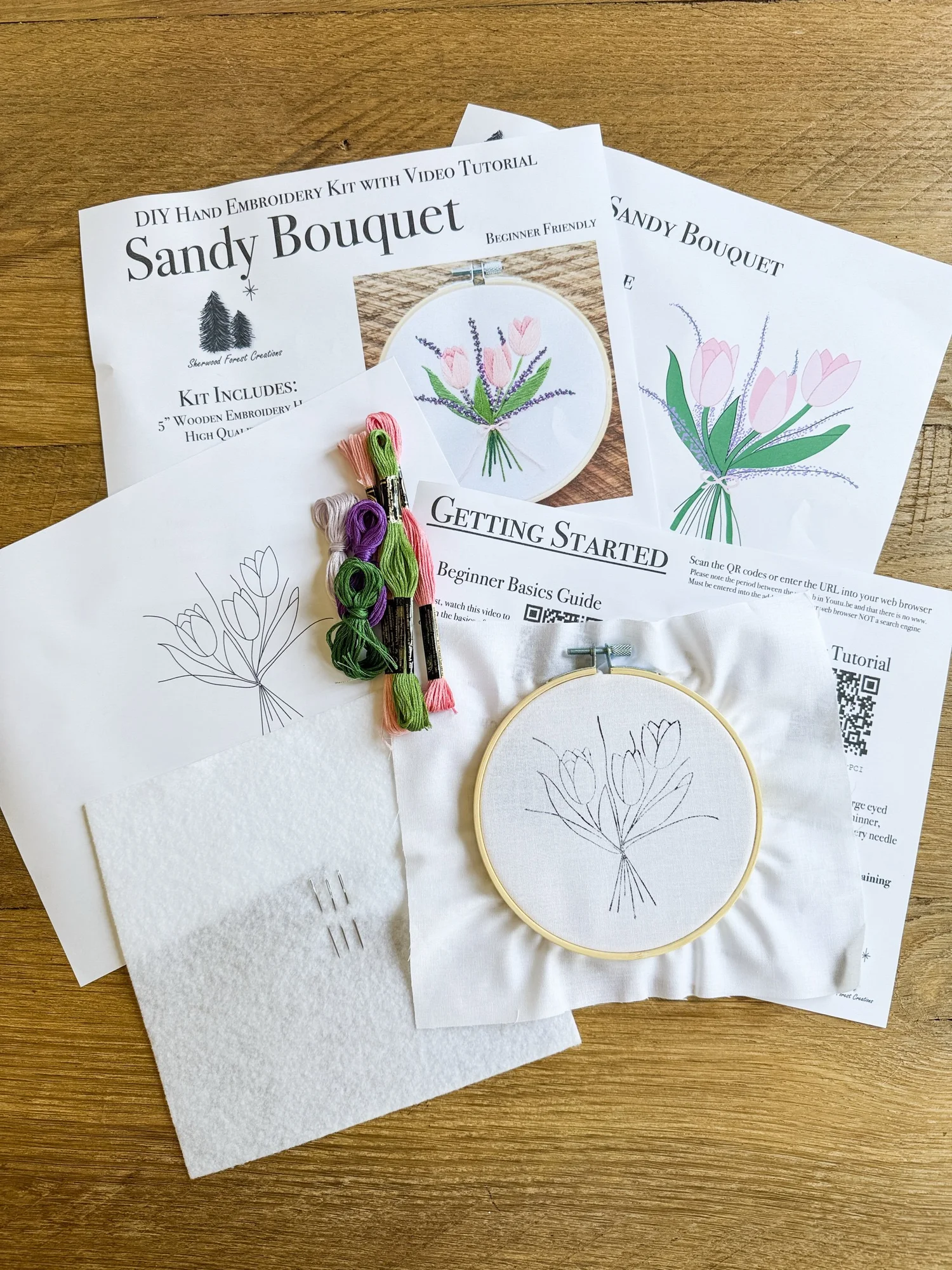 Pink Tulip & Lavender Bouquet Embroidery Kit for Beginners