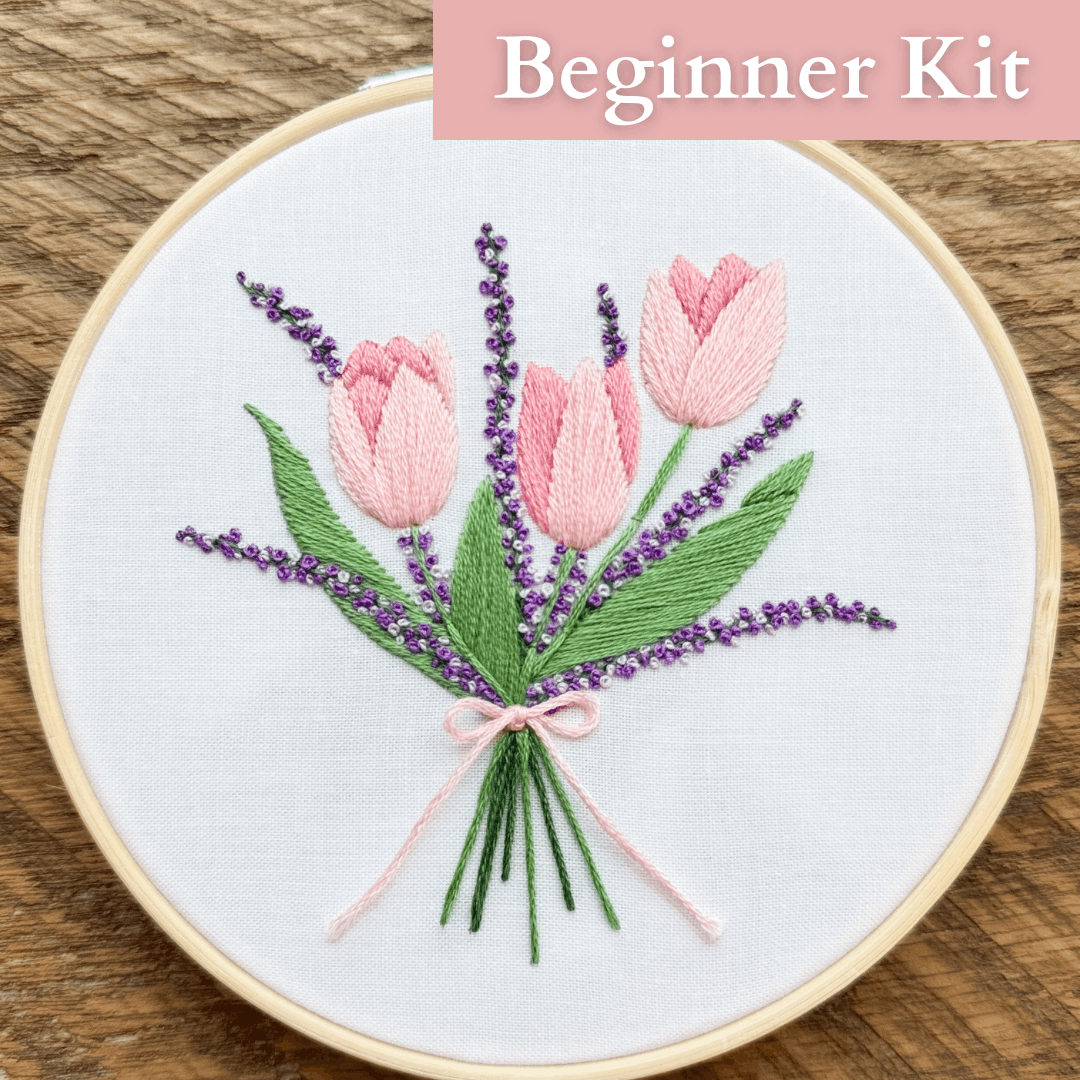 Sandy's Pink Tulip & Lavender Bouquet Embroidery Kit with Video Tutorial