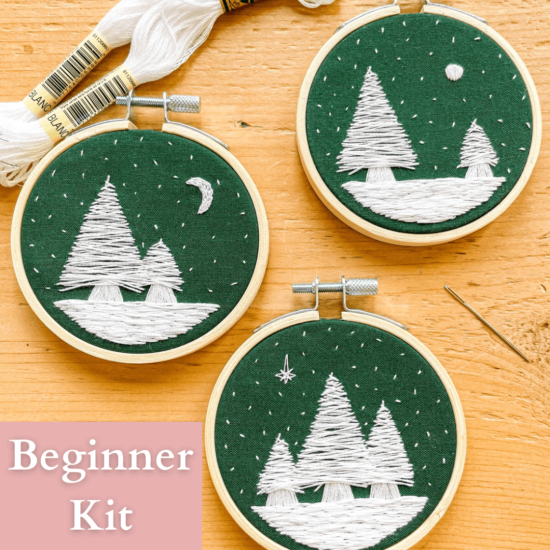 Green Winter's Night Ornaments DIY Embroidery Kit with Video Tutorial (Set of 3)