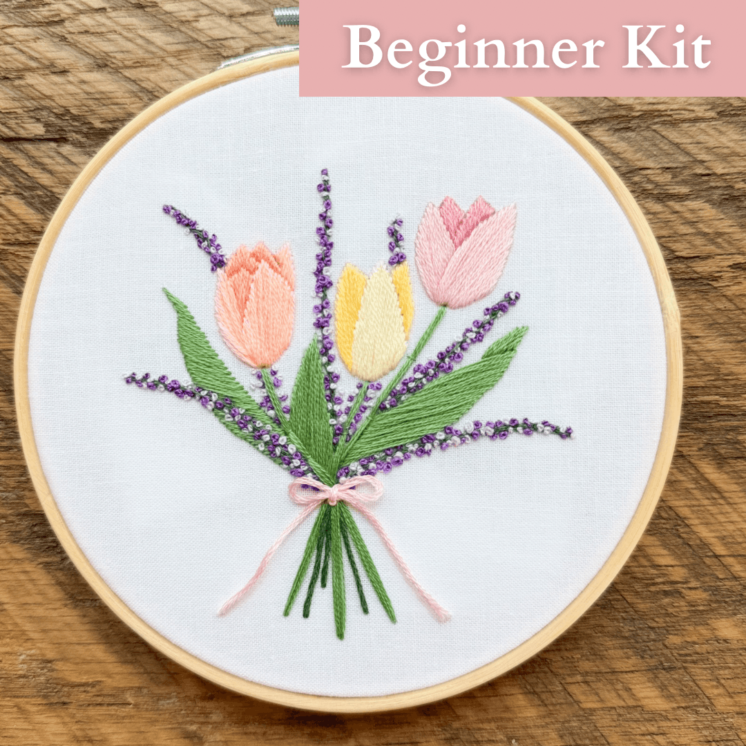 Sophie's Tulip & Lavender Bouquet Embroidery Kit with Video Tutorial
