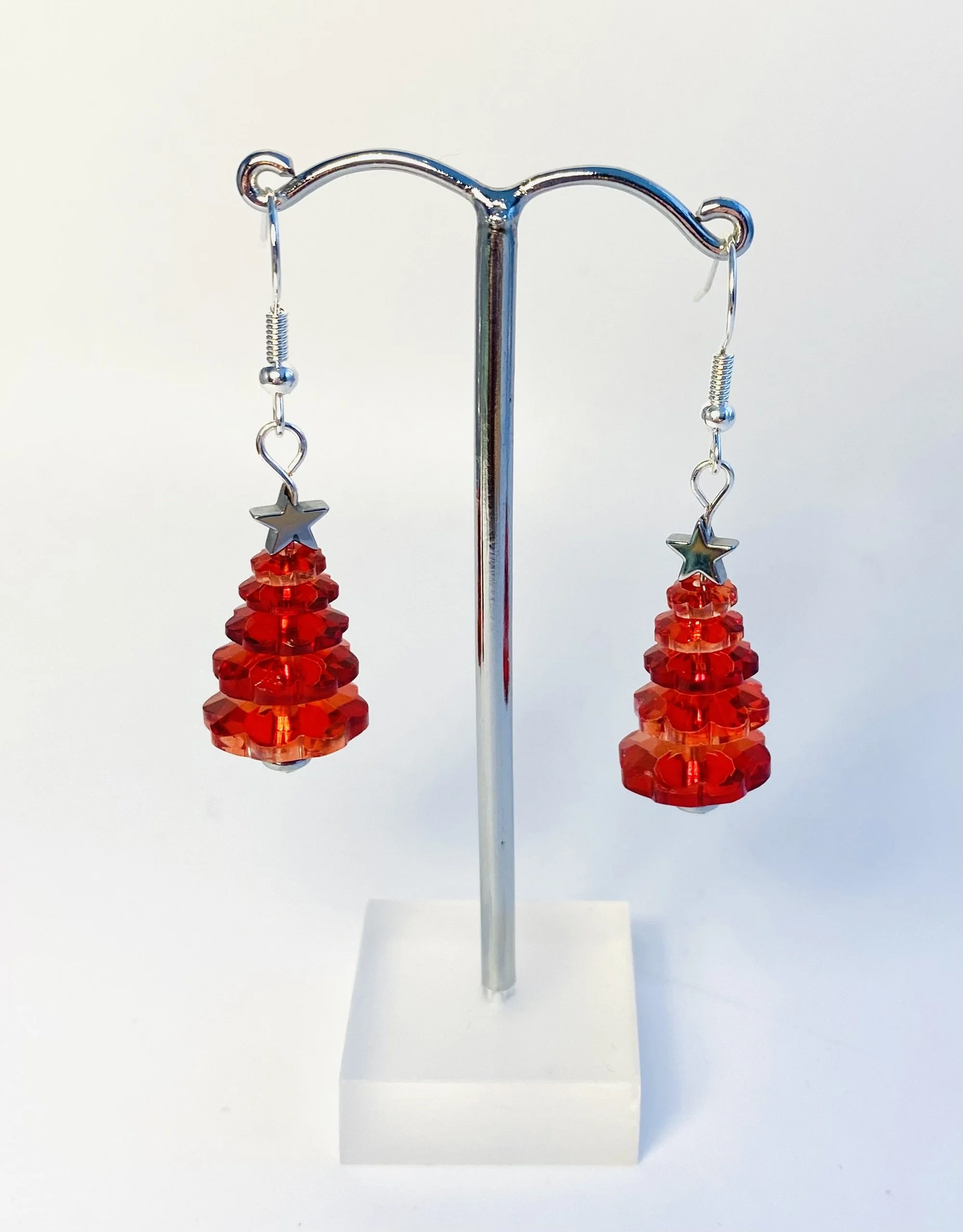 Red Glass Christmas Tree Earrings