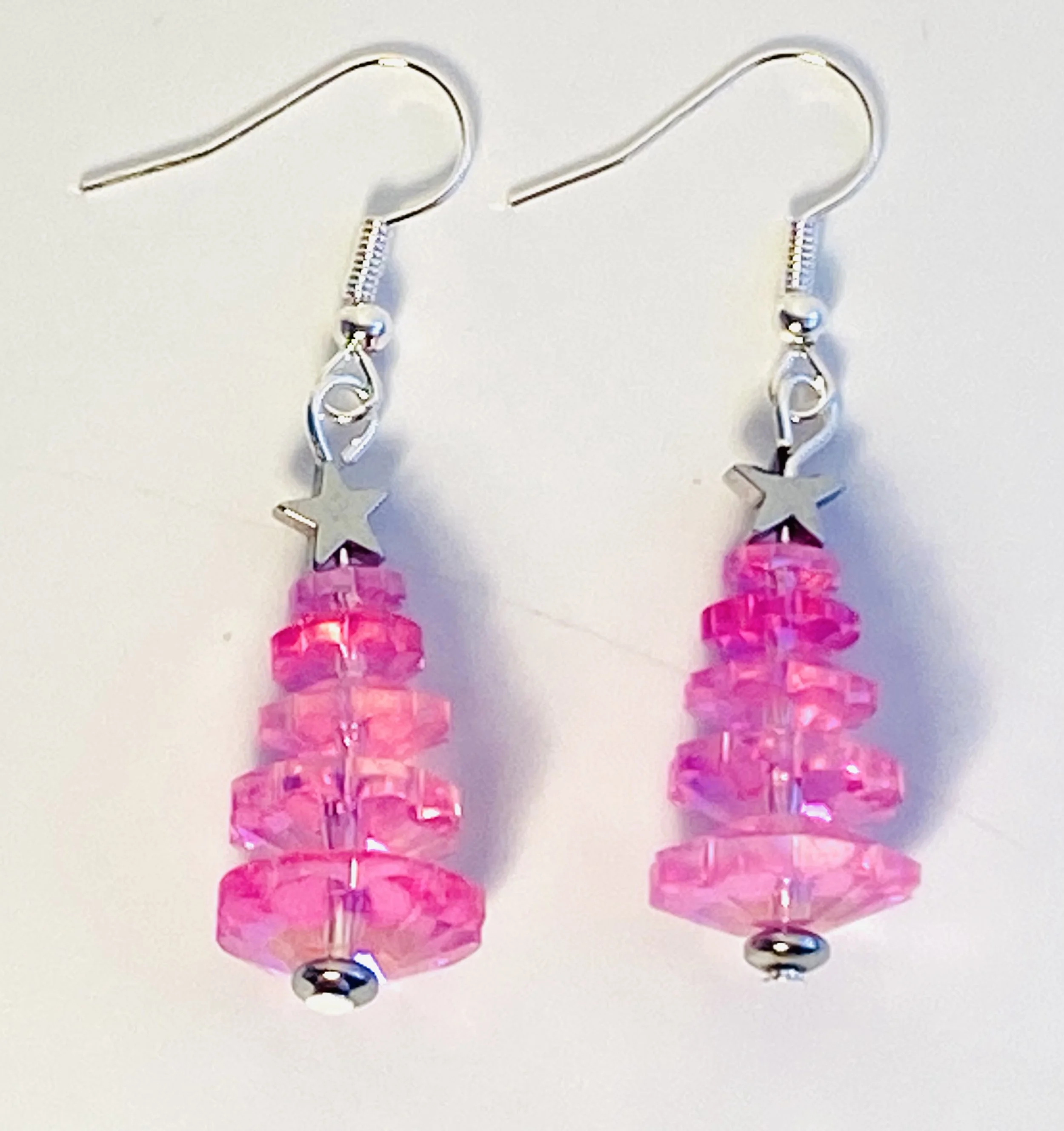 Pink Glass Christmas Tree Earrings