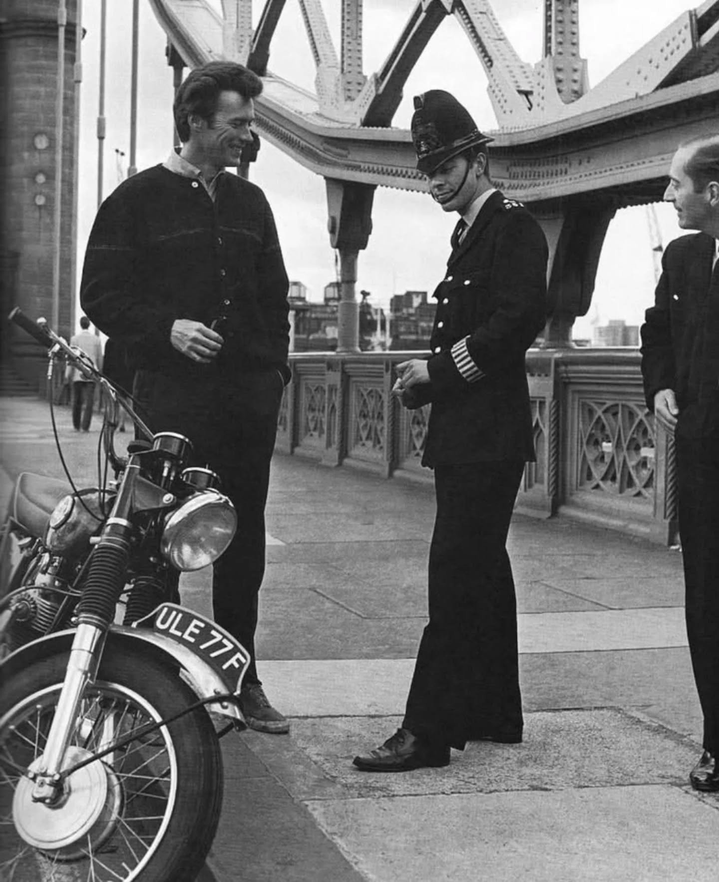 .
&bull; Norton is always a good icebreaker for a weekend chit-chat. 
Clint Eastwood and his bike in London during the shooting of 'Where the Eagle Dare' 1968 &bull;
.
.
#retroclassicfeel #retro #classic #feel #retrostyle #classics #classicmotorcycle