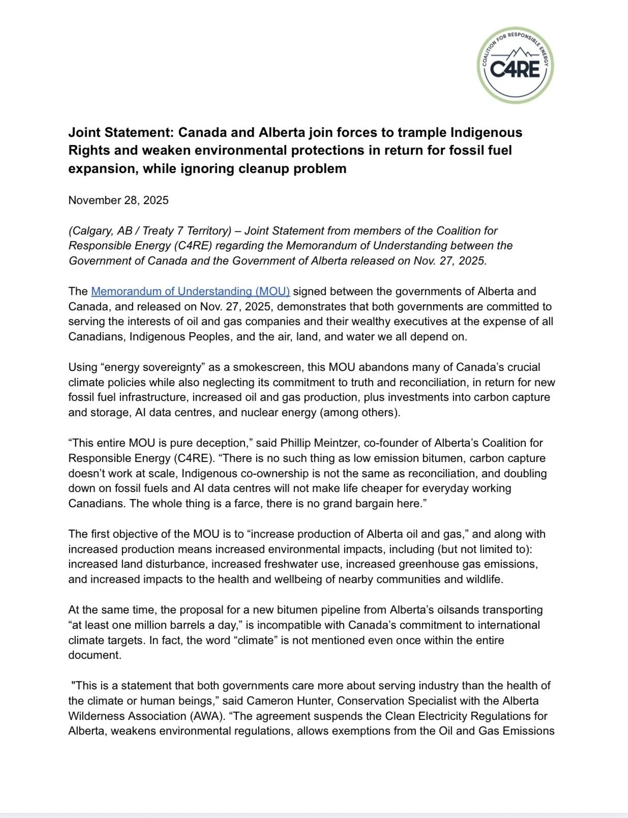 Joint Statement: Canada and Alberta join forces to trample IndigenousRights and weaken environmental protections in return for fossil fuelexpansion, while ignoring cleanup problem
