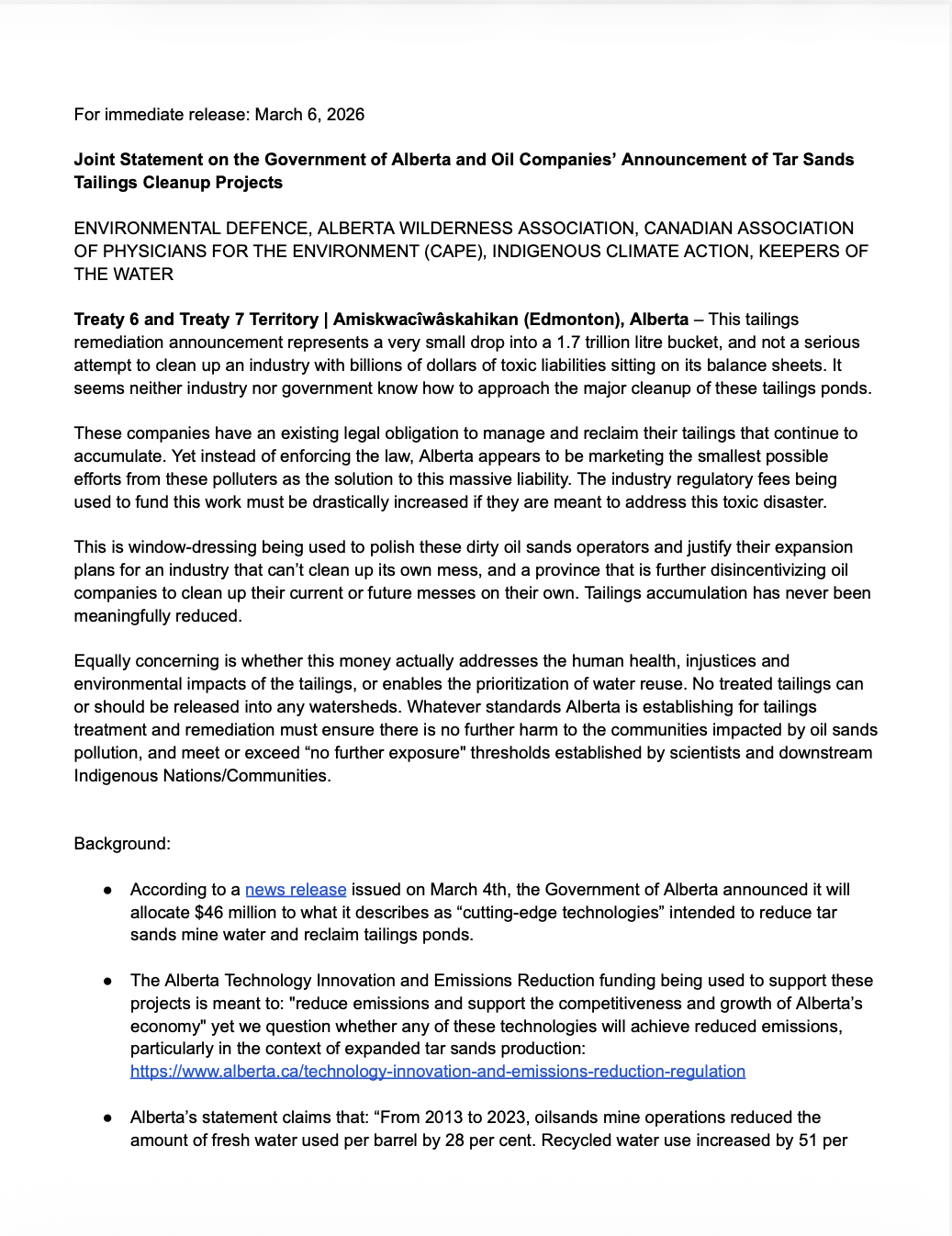 Joint Statement on the Government of Alberta and Oil Companies’ Announcement of Tar Sands Tailings Cleanup Projects