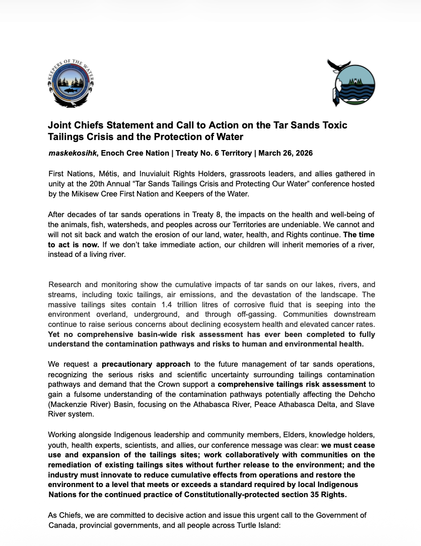 Joint Chiefs Statement and Call to Action on the Tar Sands Toxic Tailings Crisis and the Protection of Water&nbsp;