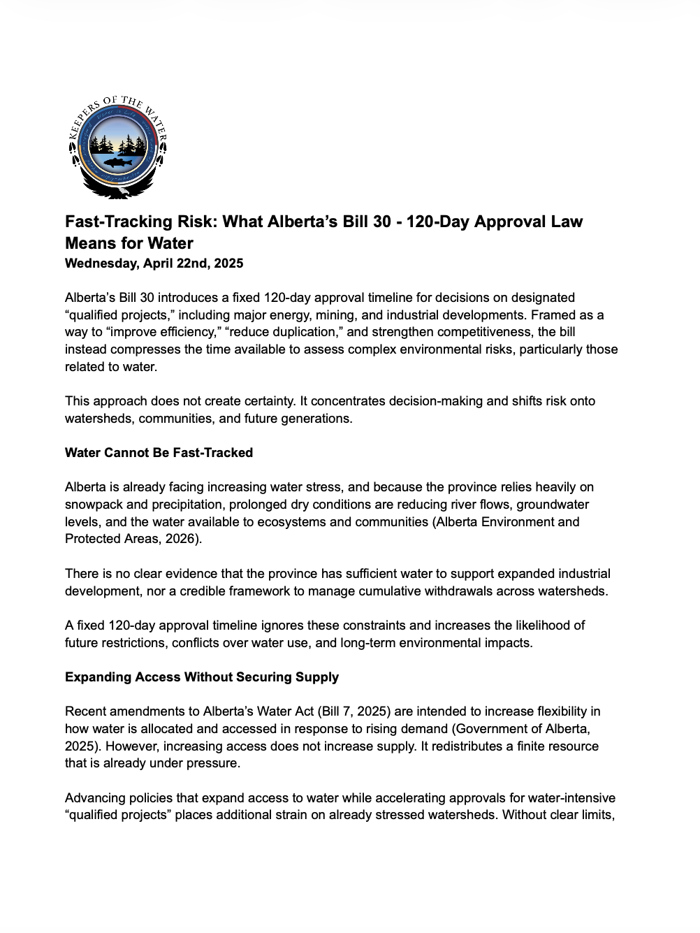 Fast-Tracking Risk: What Alberta’s Bill 30 - 120-Day Approval Law Means for Water&nbsp;