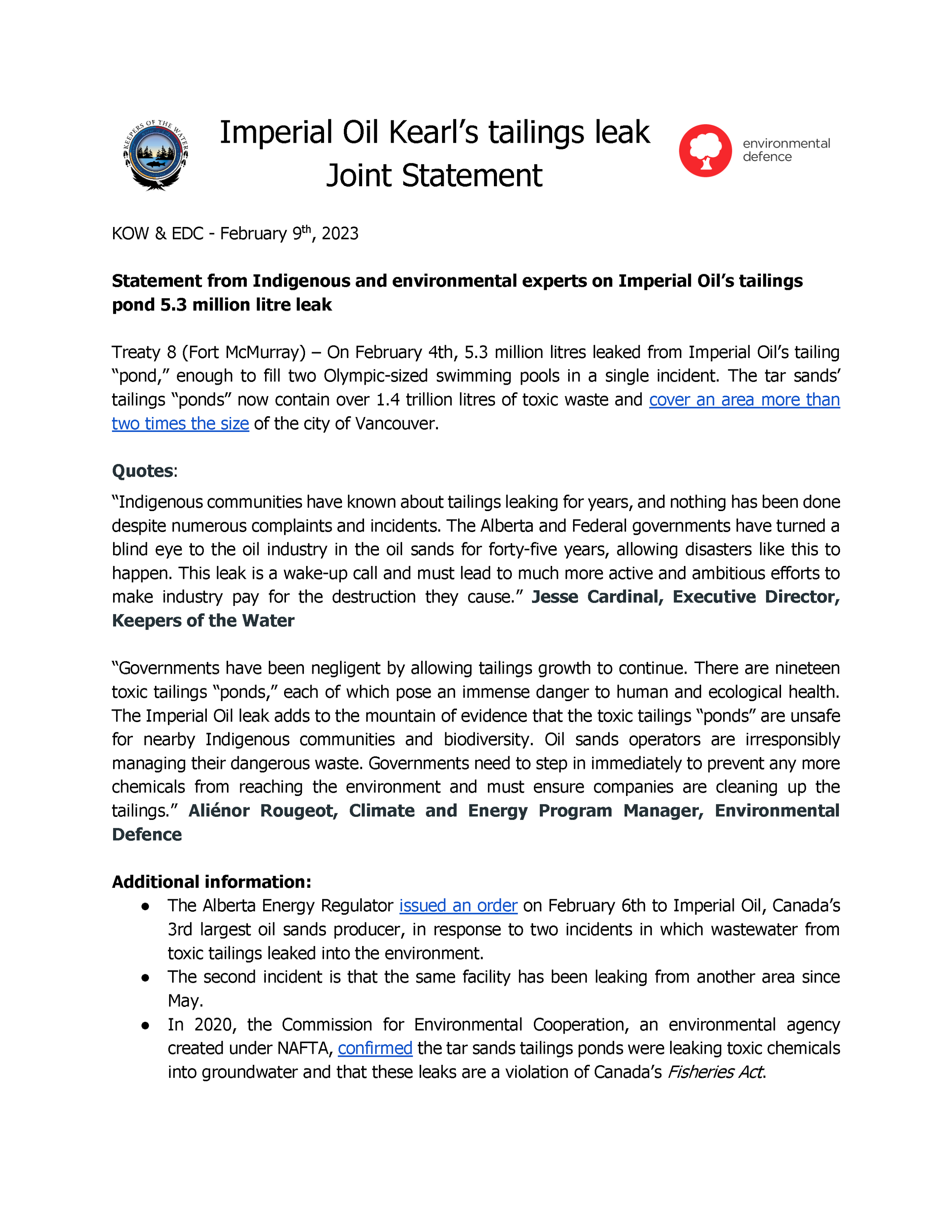 Imperial Oil Kearl’s tailings leak Joint Statement — Keepers of the Water