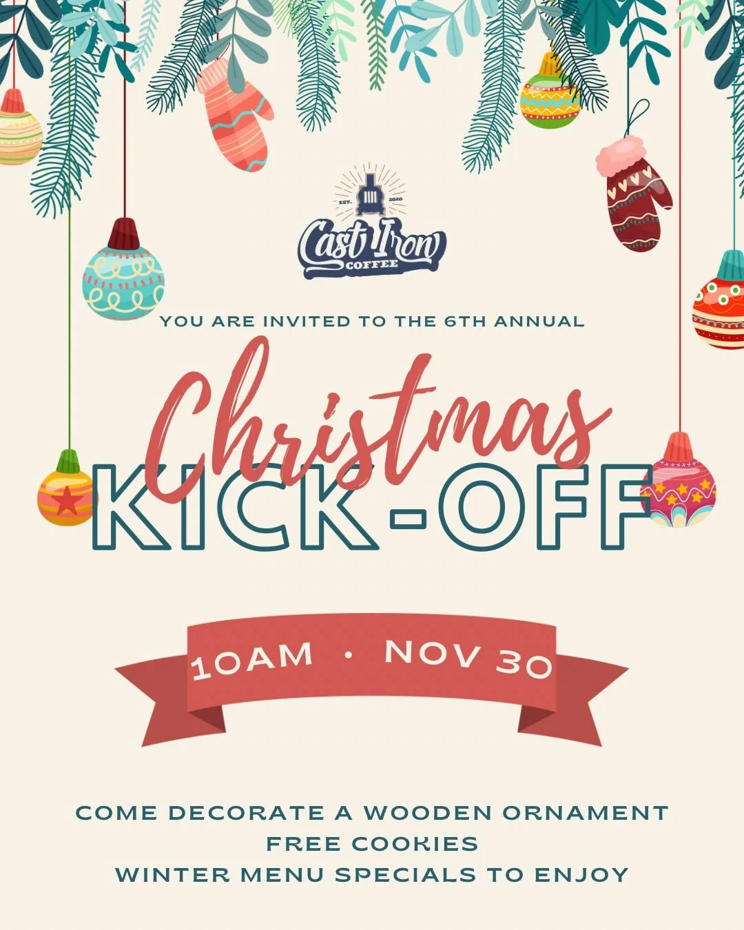 Mark your calendars 📆 for our 6th Annual Christmas Kick-Off! Help us decorate our tree!
Grab a friend or your kids and come decorate a wooden slab ornament on Sunday, November 30 starting at 10AM while supplies last! It&rsquo;ll be a great time to c