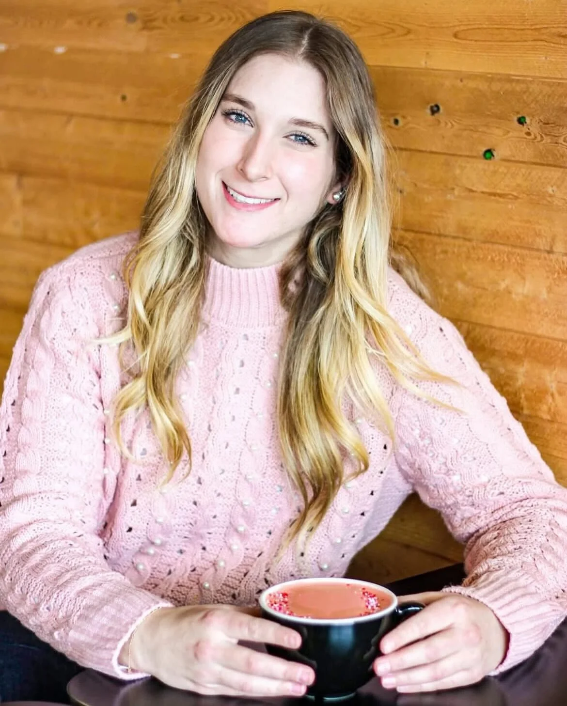Red Velvet Latte &bull; creamy, sweet, velvety goodness. 

Get yours hot or iced today! 💗 Comes with one shot of espresso, but you can order it without a shot or even with decaf espresso. And it certainly pairs well with a Red Velvet Muffin!
