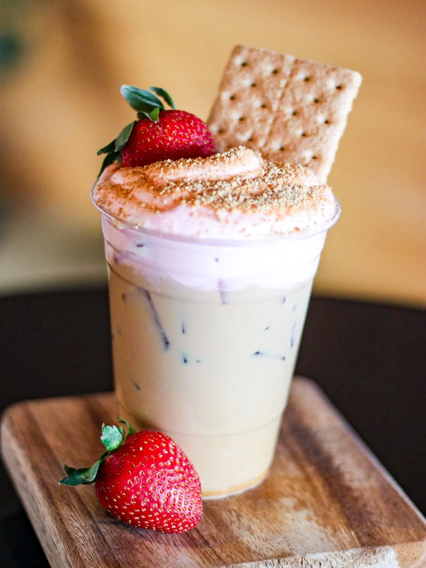 Enjoy our ✨NEW✨ Strawberry Cheesecake Latte! You&rsquo;ll be sure to enjoy this lovely latte&mdash; complete with two shots of espresso combined with white chocolate, topped with strawberry cold foam and graham cracker crumbles!❣️

*Strawberries not 