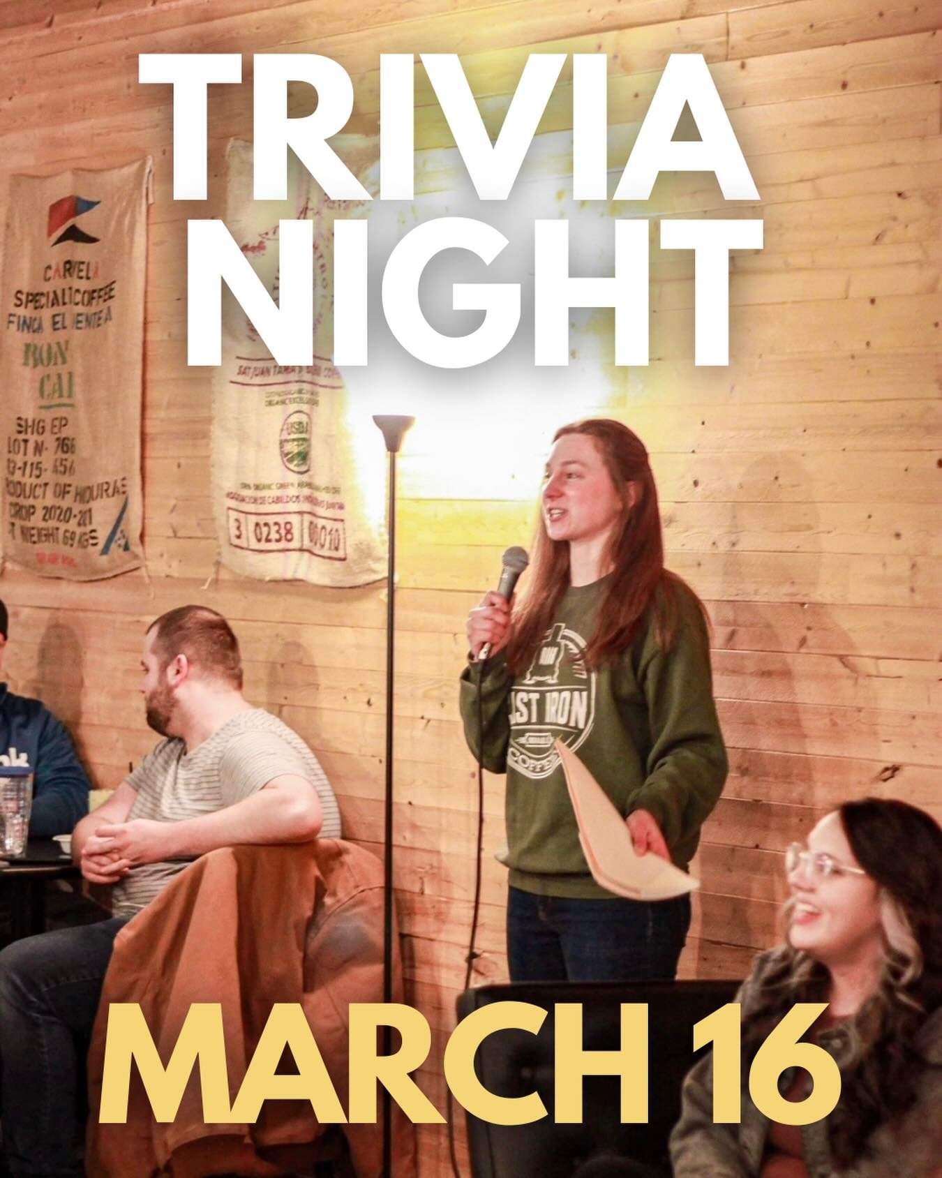 Join us Monday 3/16 @ 7PM for TRIVIA! Grab some friends and try your hand to win a Cast Iron gift card! Coffee bar will be open and yes, we do have decaf beans! And our delicious Spring Menu is live and going strong. See you there! 🏆