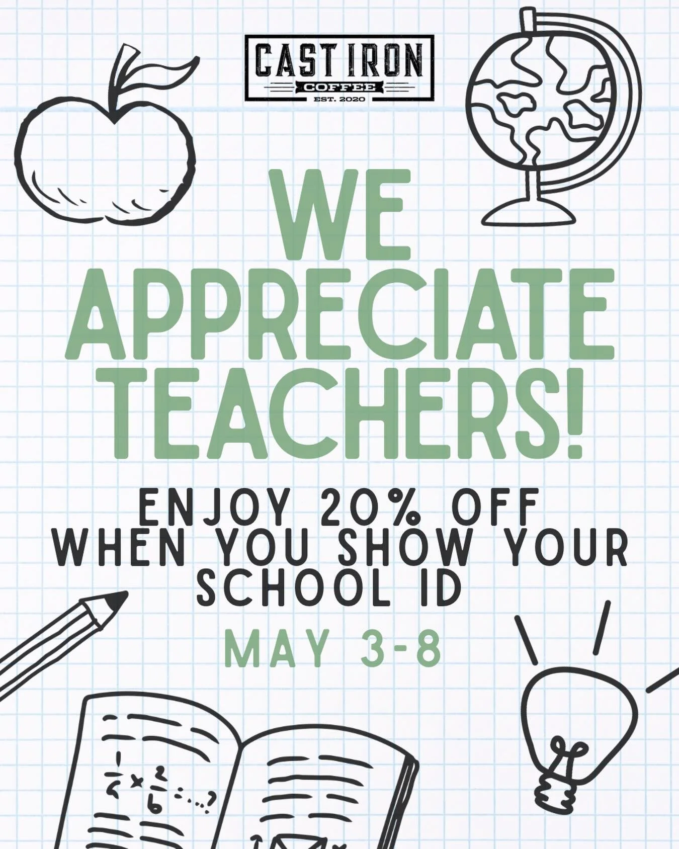 TEACHERS&mdash; we see you! 👀 Stay caffeinated and enjoy a discount this week! Hope you feel appreciated and finish the school year strong!

*applies to all school staff as long as a school ID is shown.