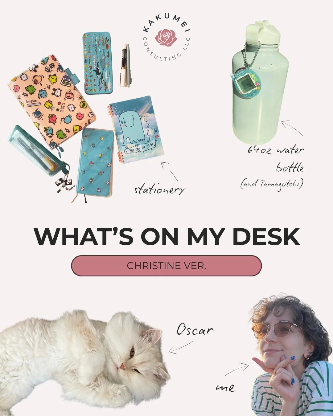 What's on Christine's desk? Take a peek!

We've seen Chelly's, now let's see what Christine's got.

1. Stationery: I always have my larger Hobonichi Cousin planner for personal thoughts and to-dos, the Hobonichi Weeks for work tasks and events, a str
