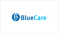 BlueCare logo featuring a blue circular icon with a white medical cross and the text 'BlueCare' in blue.
