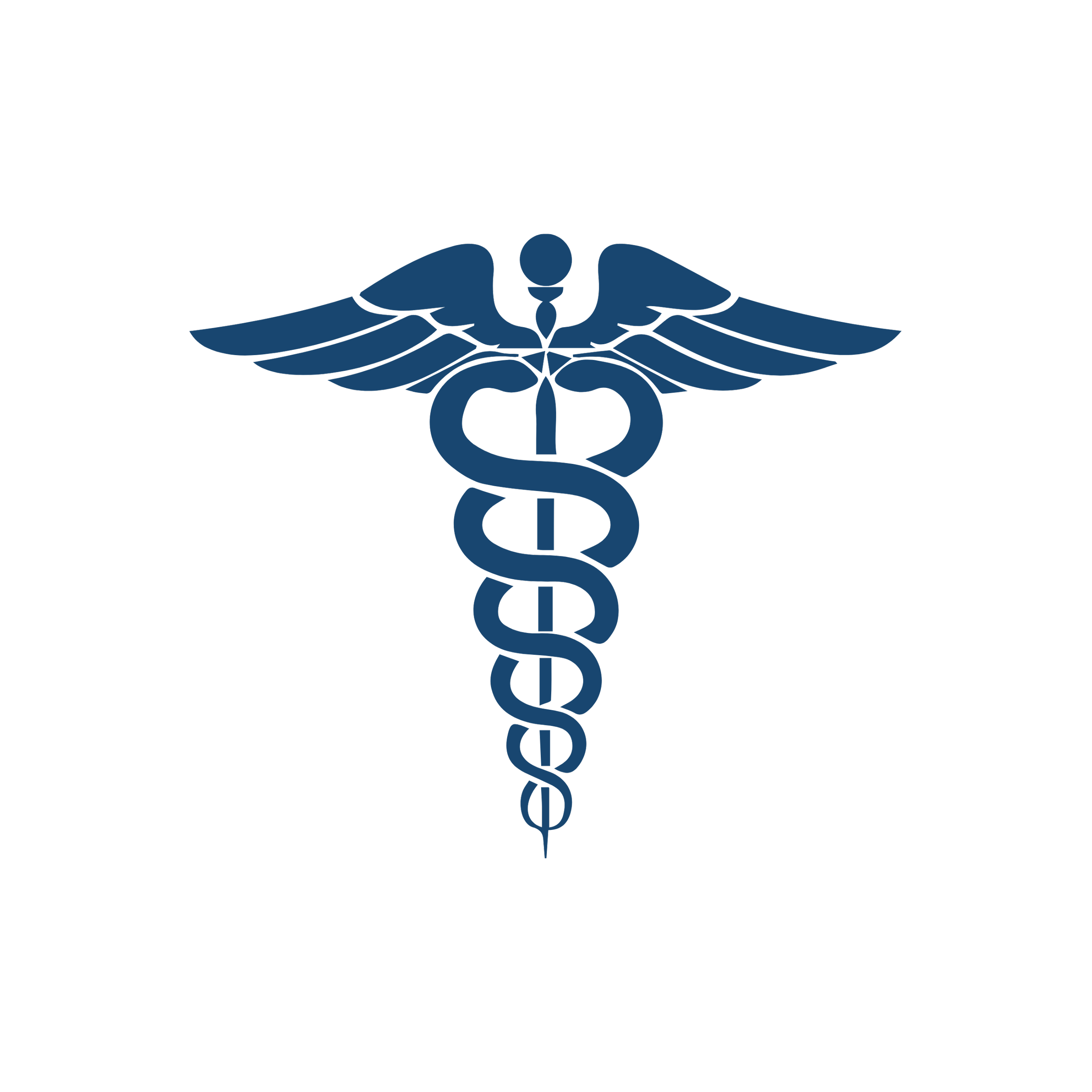 Black medical caduceus symbol with blue wings on a black background.