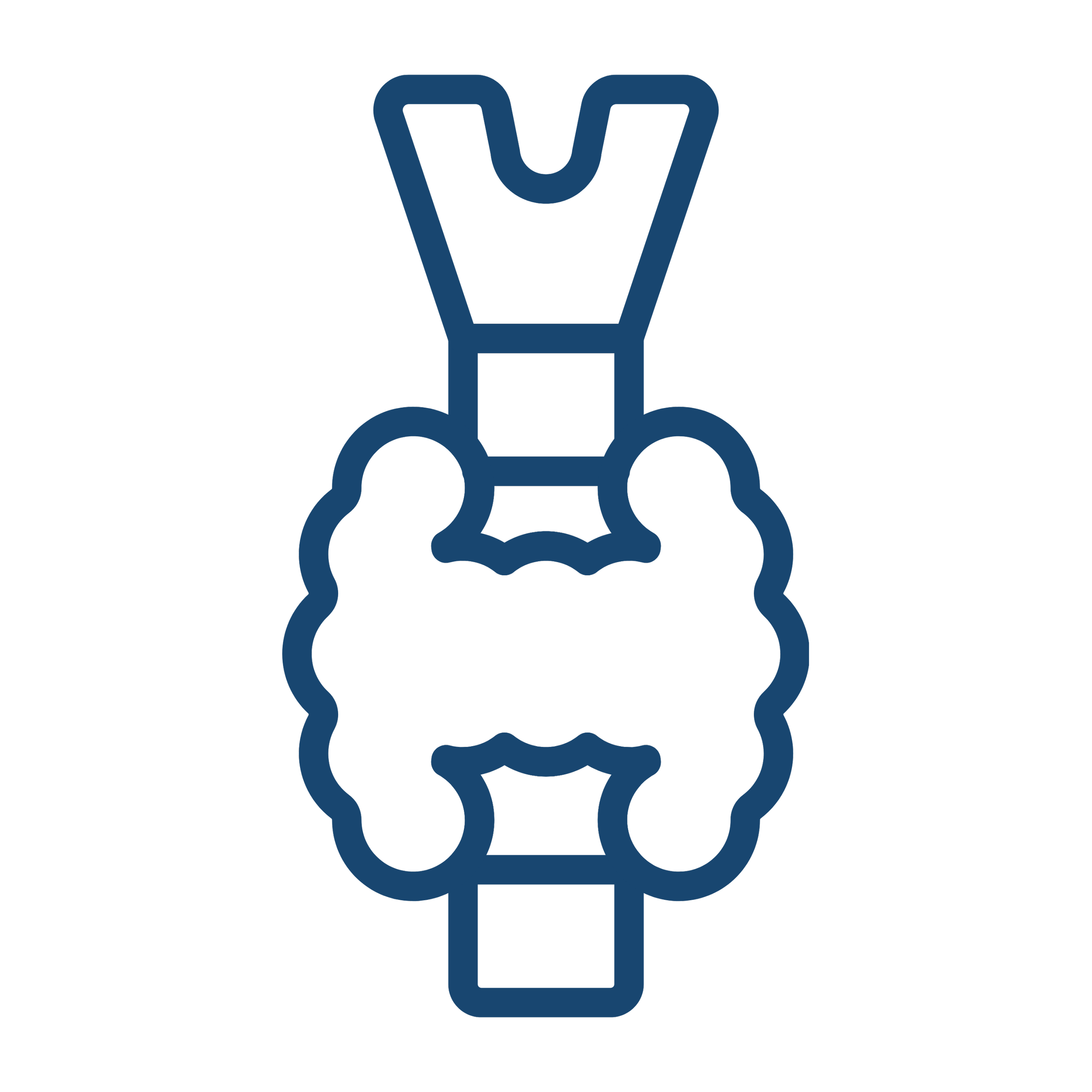 Blue outline drawing of a vacuum cleaner with a handle and wheels, on a black background.