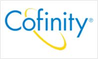 Cofinity logo in blue with a yellow swoosh underneath