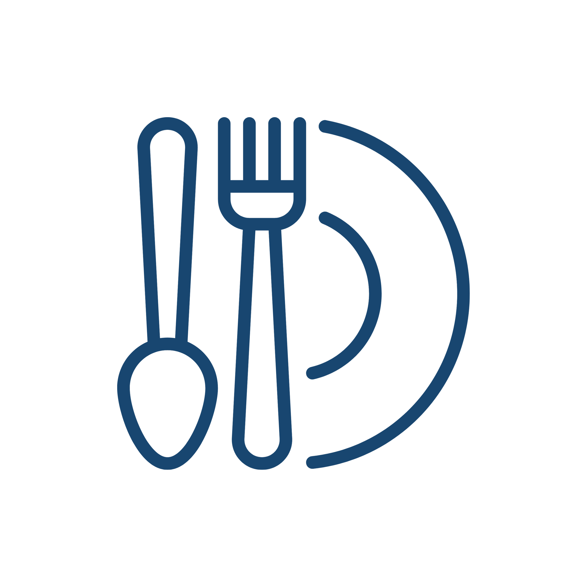 Line drawing of a fork, knife, spoon, and plate on a black background.