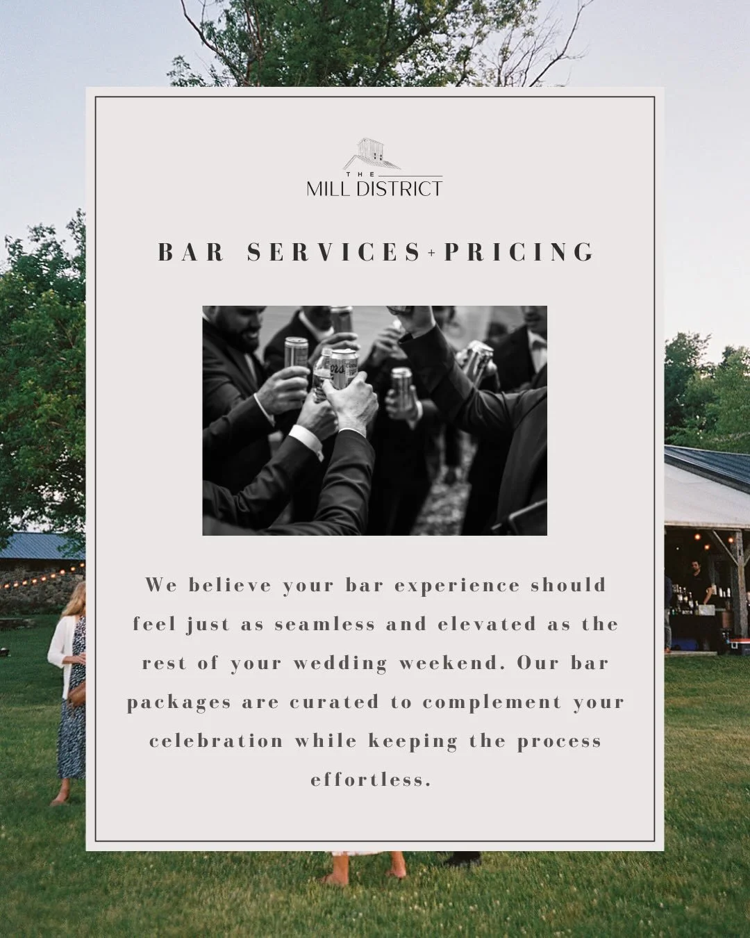 Let&rsquo;s talk BAR 🍸 

We are always transparent about bar pricing, so you can choose what fits your vision best for your big day. From cash bar to open bar with all the fun mixers, there is something for everyone. 

30 days from your wedding day,