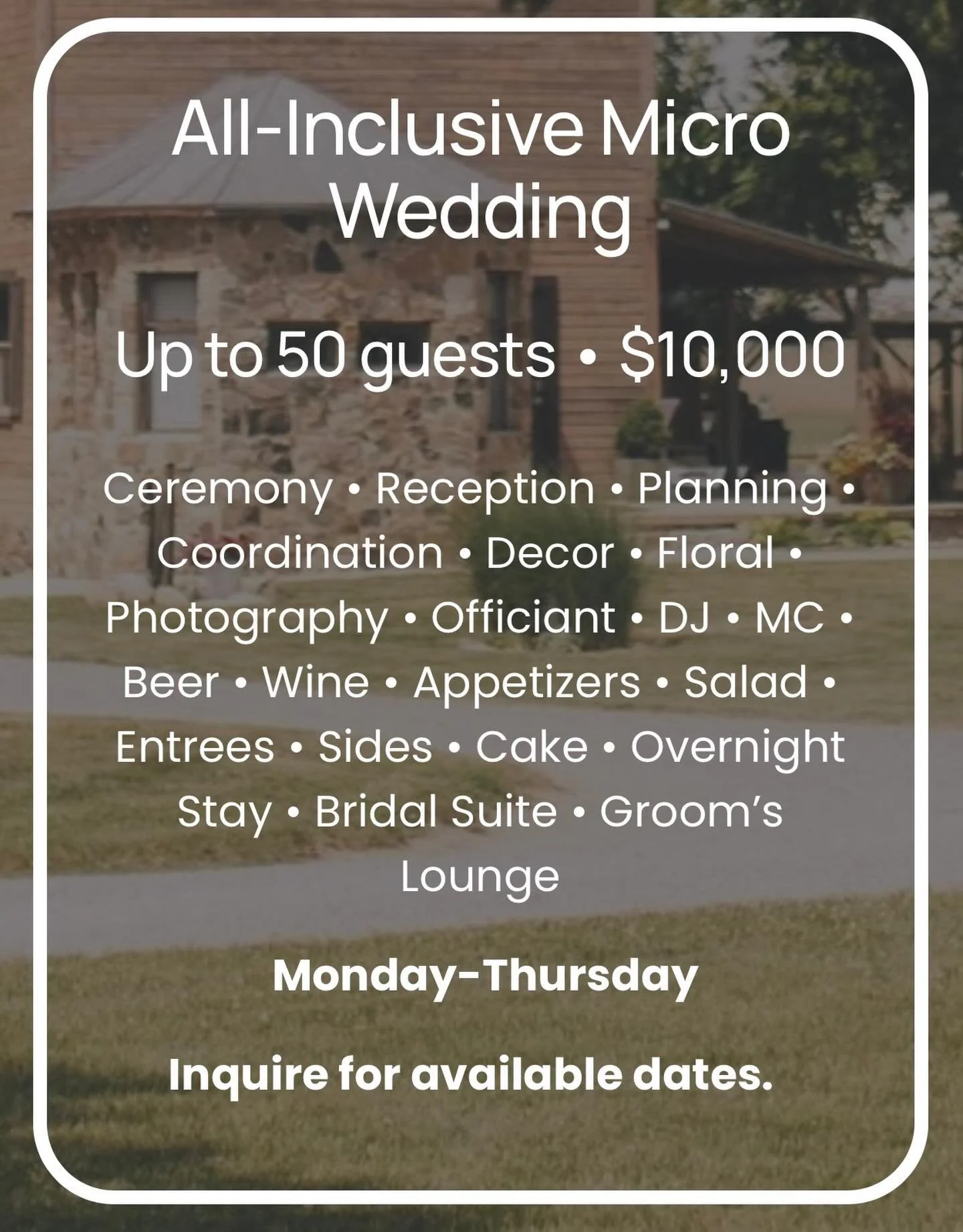 ✨ Introducing: All-Inclusive Micro Weddings ✨ 

Wanting to keep your guest list small and your big day simple? Our Micro Wedding package is here! The day you&rsquo;ve dreamed of with your closest friends and family is made possible, STRESS-FREE, at T