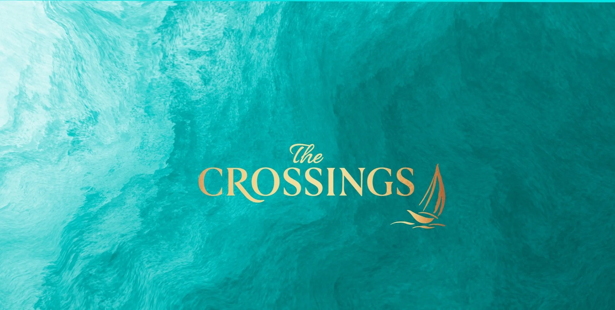 A teal water background with the text 'The Crossings' and a small sailboat icon.