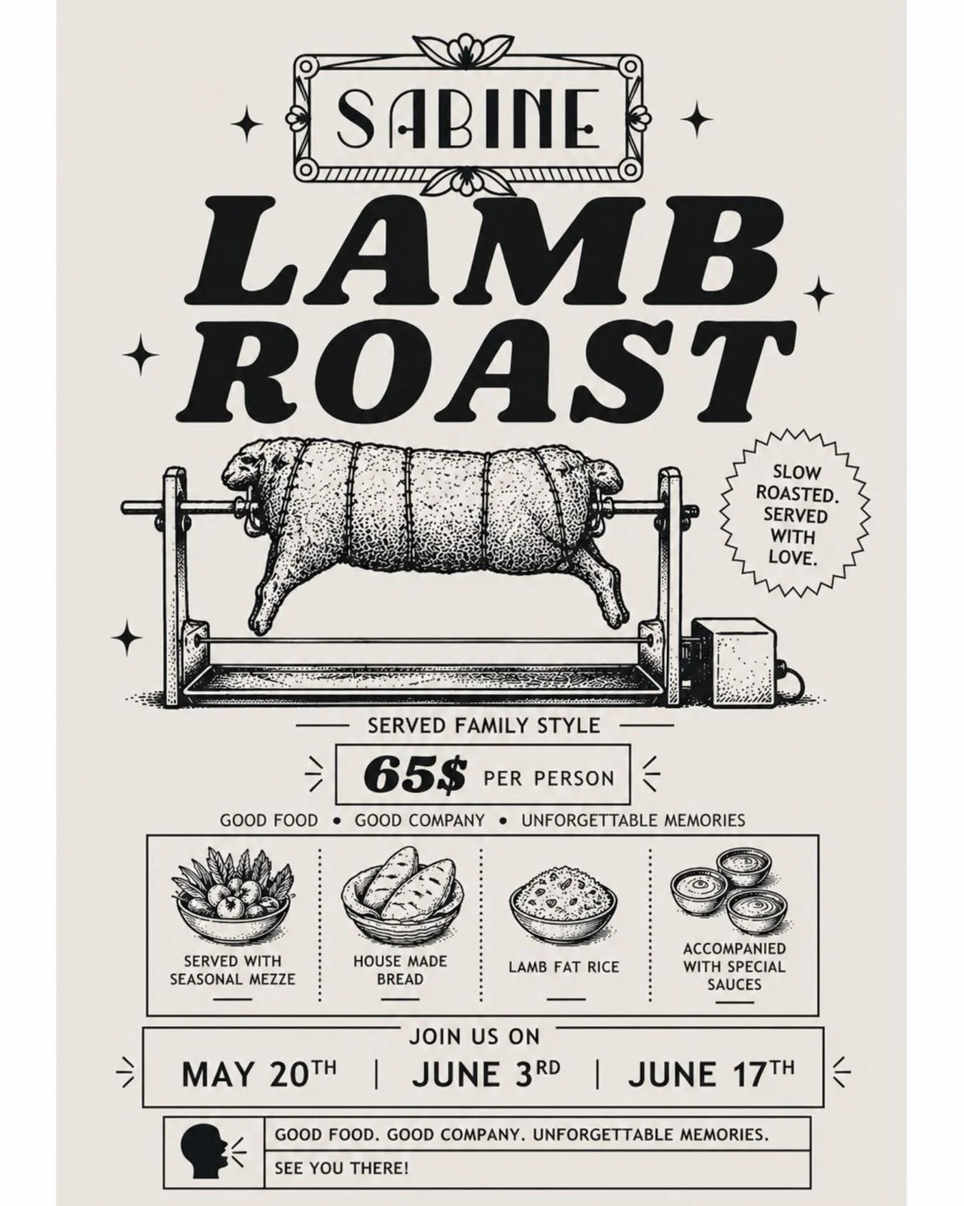 Your midweek plans, reimagined. ✨🐑🔥

Beginning May 20th, join us for an evening centered around a whole lamb, slow-roasted from Whal Family Farms and served alongside seasonal mezzes, house-made bread, and curated sauces.

May 20th &bull; June 3rd 