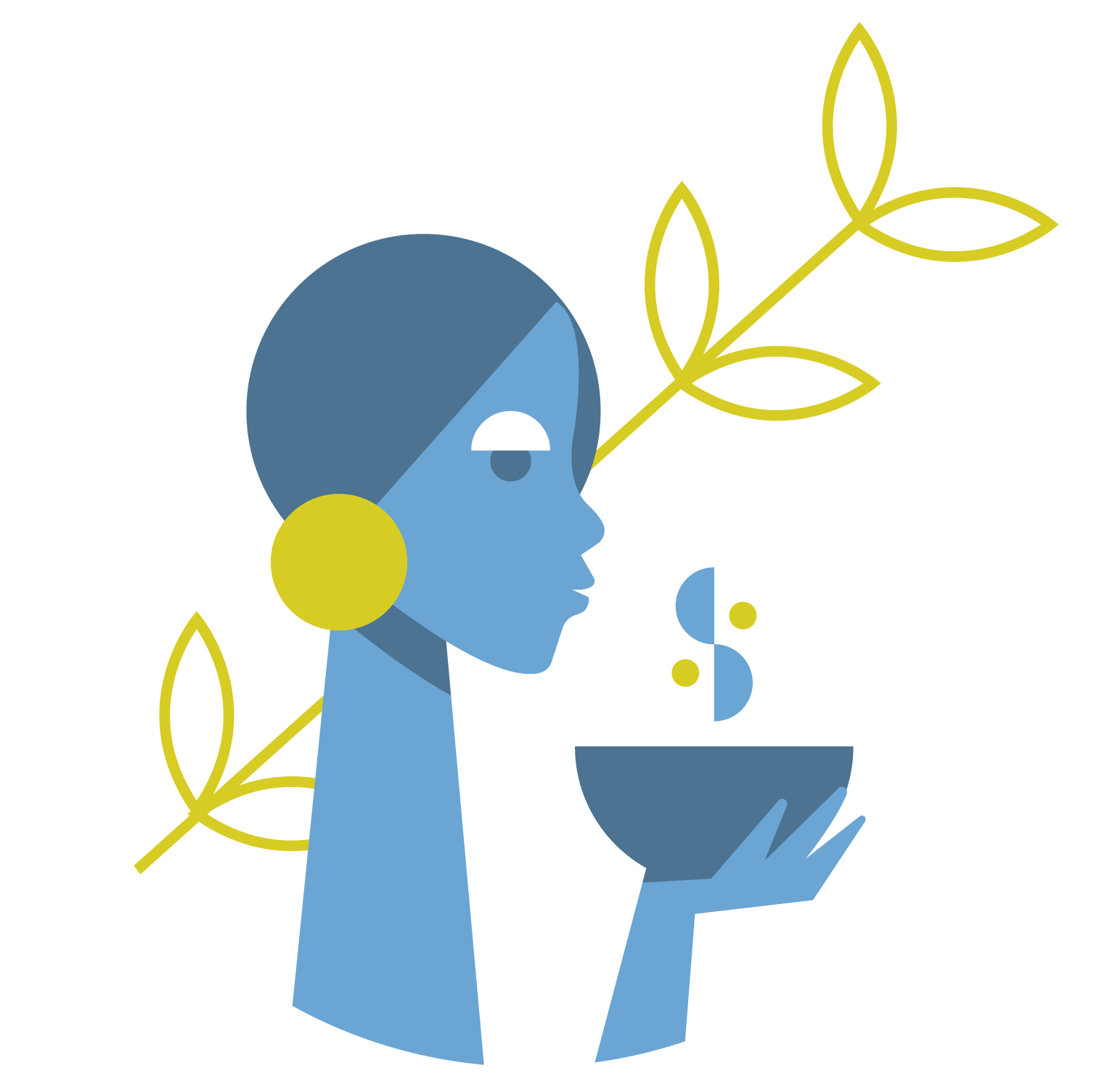 Illustration of person holding cup of coffee with foliage behind them