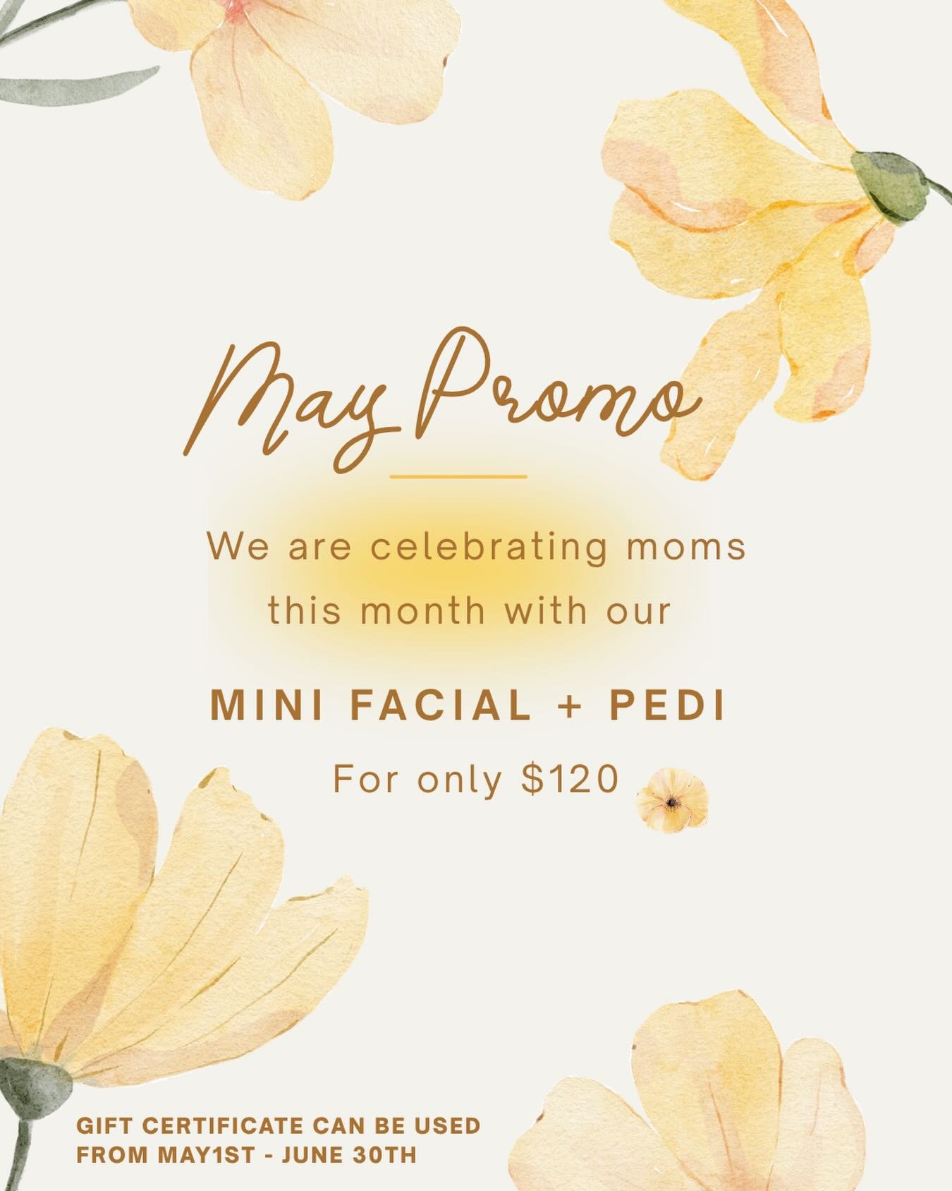 🌼 Sneak peak into next month&hellip; 🌼

MOTHER&rsquo;S DAY PROMO!

For only $120, treat your mom, grandma, loved ones, or yourself to a mini facial and pedicure! (For a shellac pedicure upgrade + $5)

Starting now, you can purchase a gift certifica
