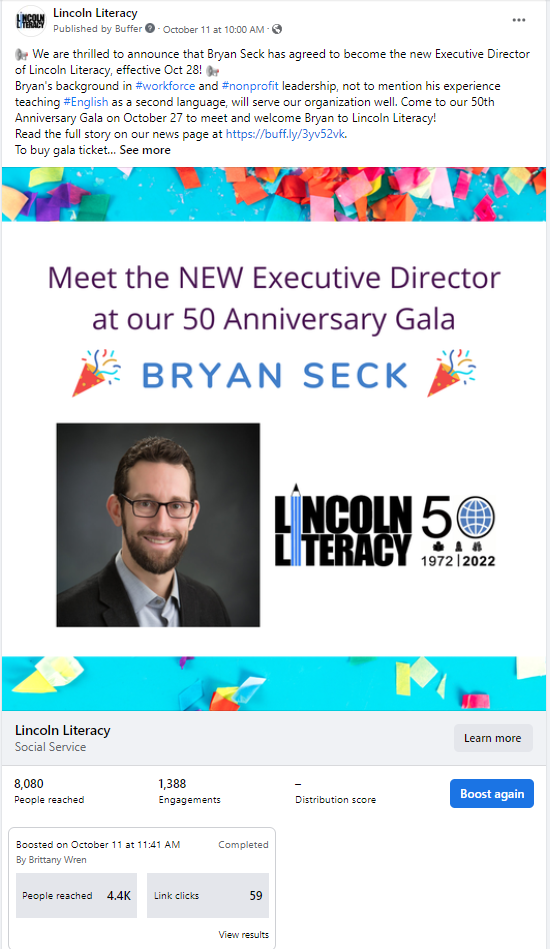 Social media sample - Bryan Seck assume Lincoln Literacy leadership.PNG