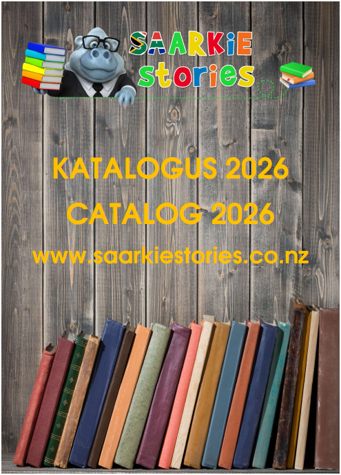 A catalog cover for 'Saarkie Stories' 2026 featuring a cartoon hippopotamus wearing glasses, a stack of books, and a row of colorful books arranged in an arc at the bottom, with a wooden background.