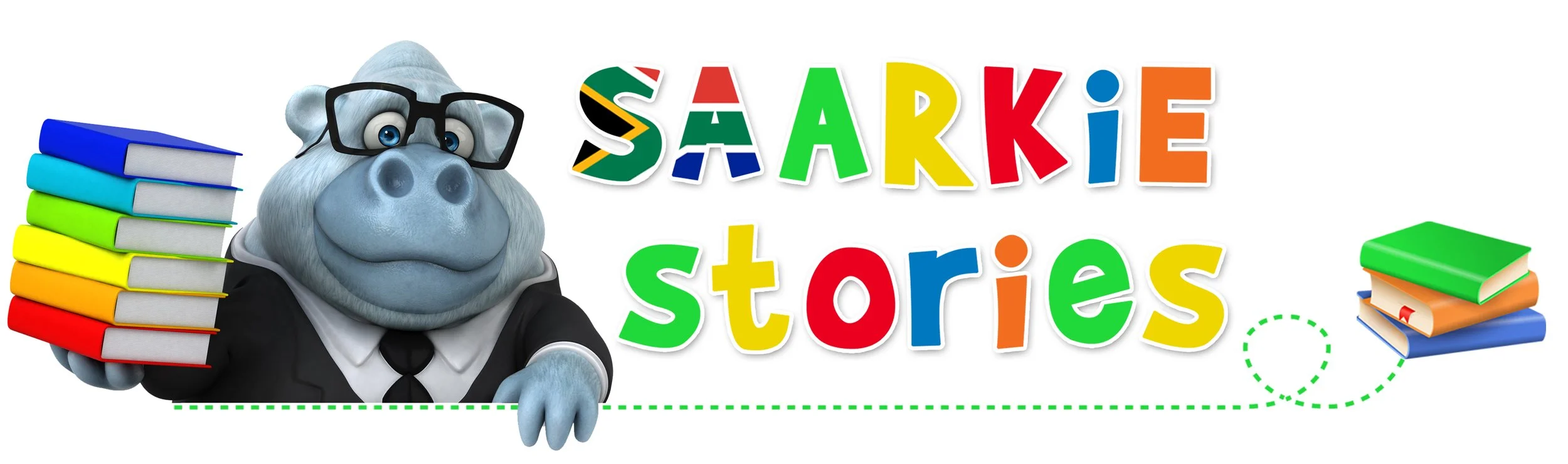 Illustration of a friendly messenger pig with glasses holding a stack of colorful books, with the text 'SARKIE stories' in multicolored letters and additional stacks of books on the side.