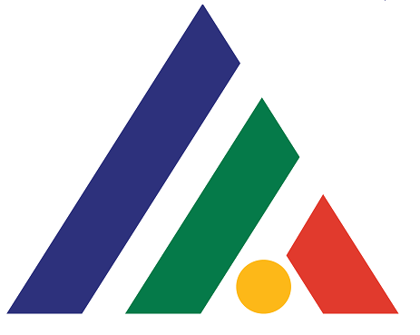 Abstract geometric shapes including a blue diagonal bar, a green diagonal bar, a yellow circle, and a red triangle on a white background.