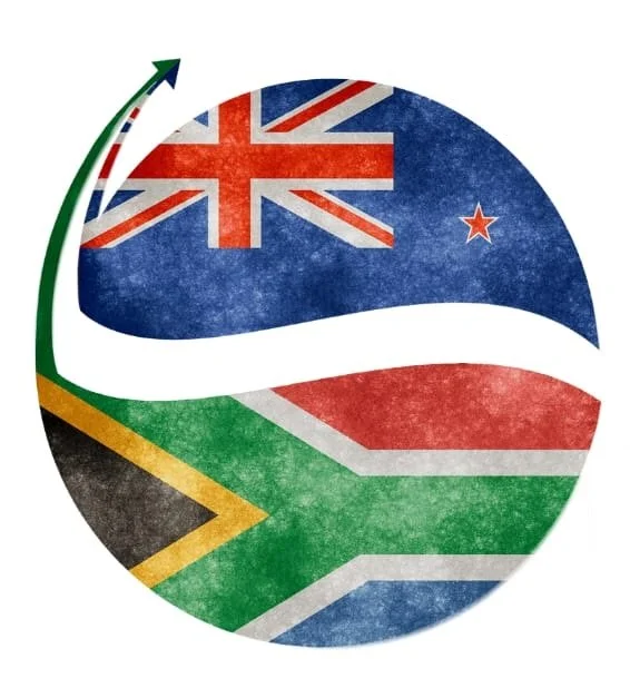 A circular graphic with the flags of New Zealand and South Africa blended together, featuring a green arrow pointing upward.