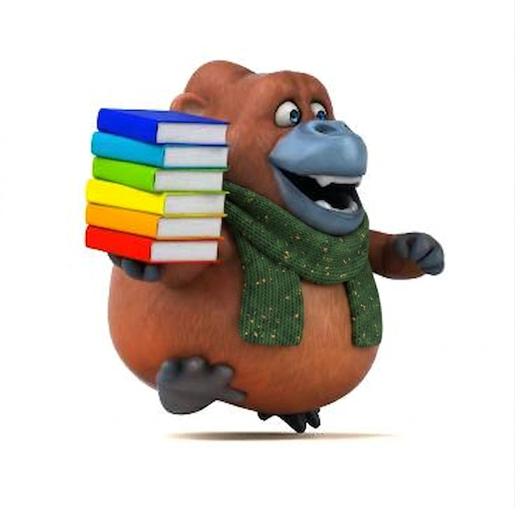 A cartoon hippo with a brown body and blue snout, wearing a green scarf with gold specks, holding a stack of eight colorful books in its left hand, standing against a white background.