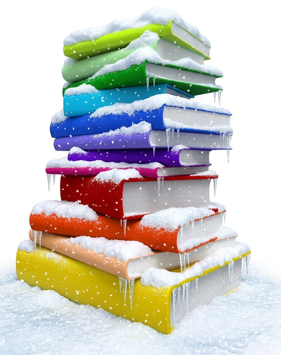 A stack of colorful books covered in snow and ice, with icicles hanging from the edges.