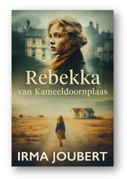 Book cover for 'Rebekka van Kameeldoornplaas' by Irma Joubert, featuring a young woman with blonde curly hair in a profile view, set against a background of old houses and a rural landscape.