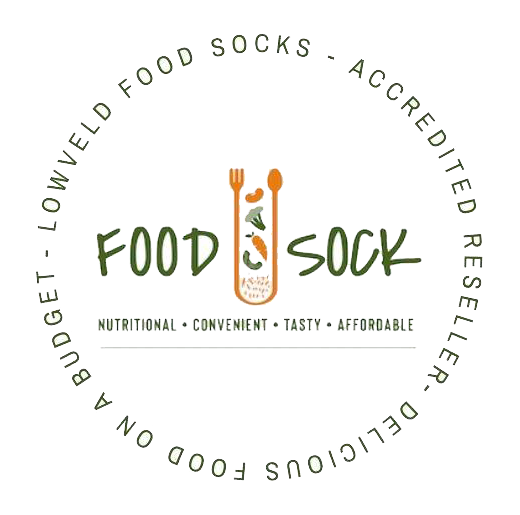 Logo for Food Sock featuring a circular design with the words "Low Budget Food Socks" and "Accredited Reseller" around the border. In the center, the words "Food Sock" with a stylized sock illustration containing a fork, spoon, and leaf.