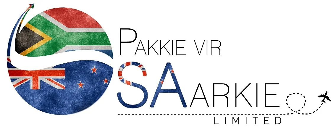 Logo with a circular design featuring the flags of South Africa and Australia, with text 'Pakkie Vir Saarkie Limited' and an airplane silhouette.