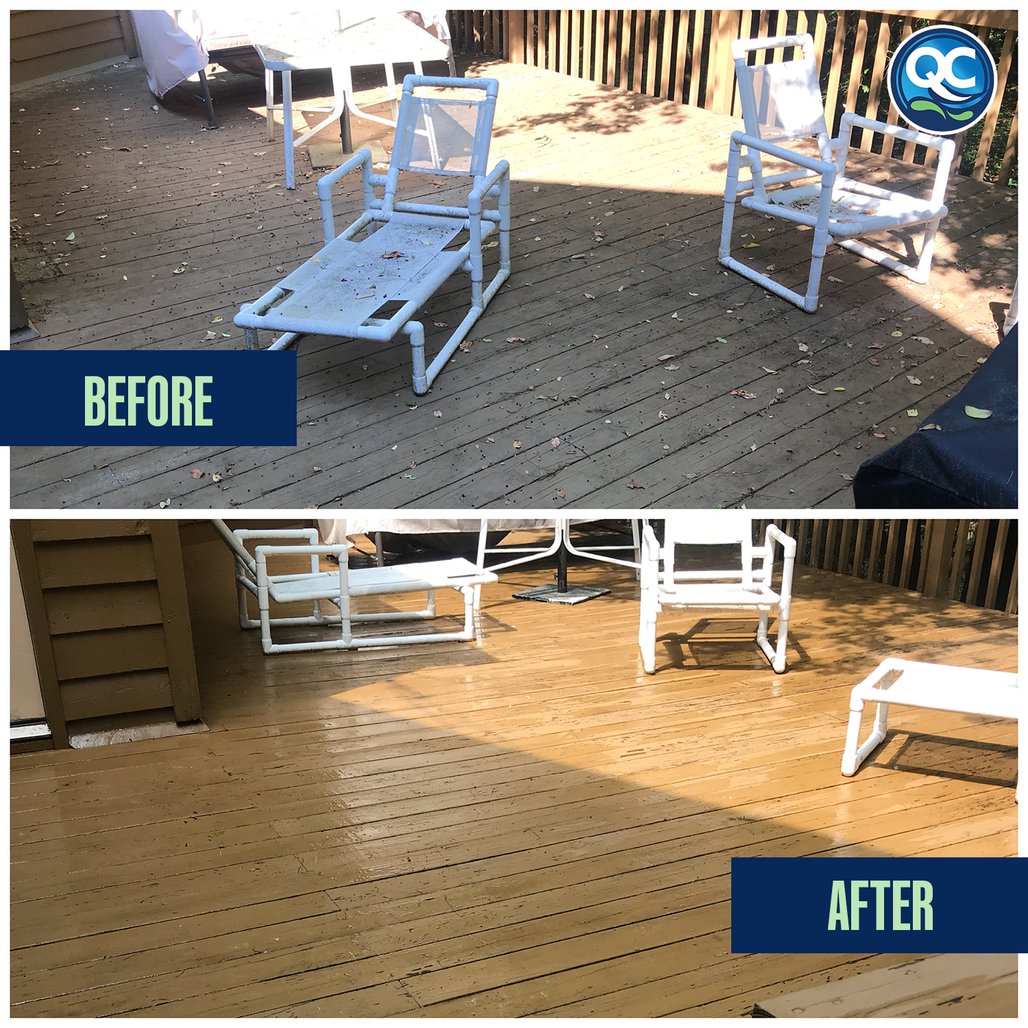 Comparison of a weathered outdoor patio before and after cleaning. The 'before' image shows a dark, dirty wooden surface with fallen leaves and debris, while the 'after' image displays a clean, refreshed wooden deck with a polished appearance and no debris.