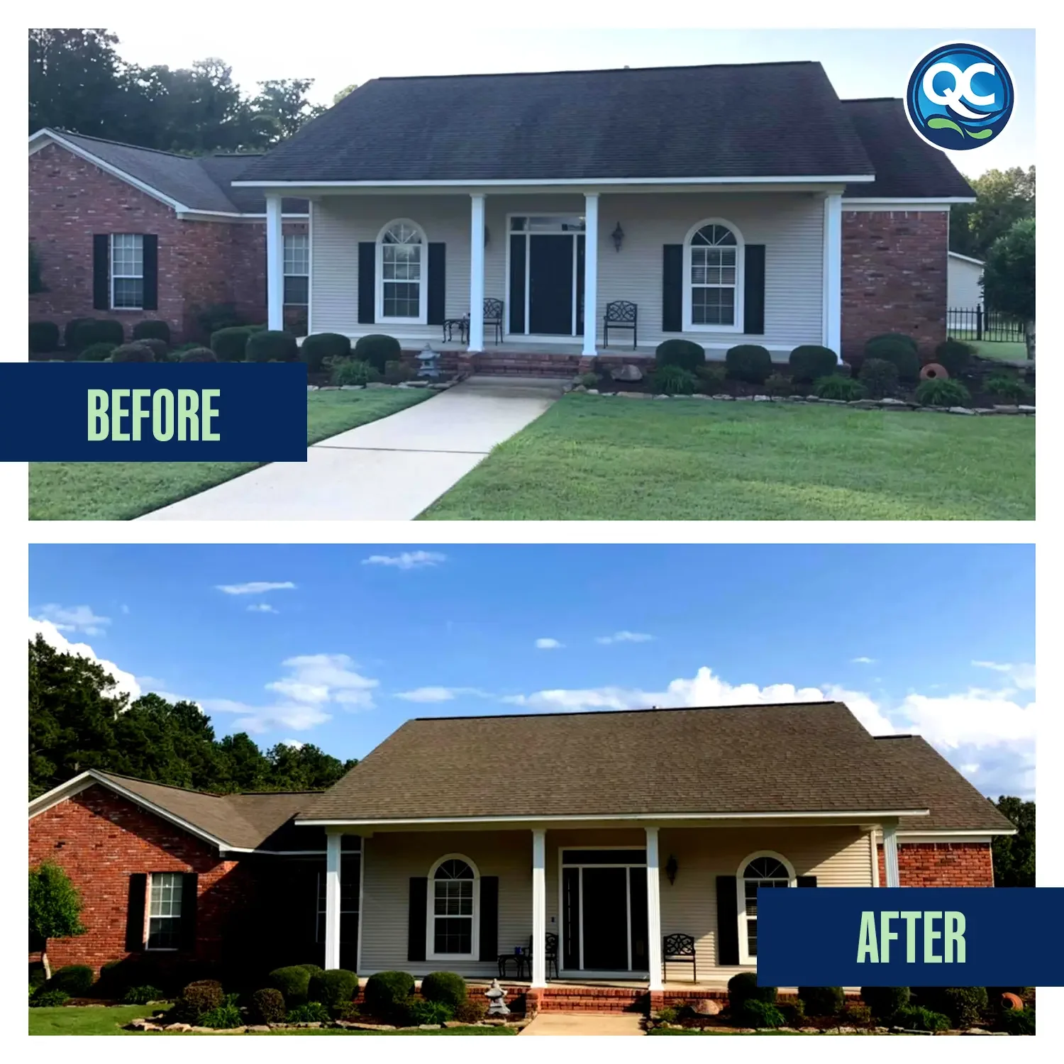 Before and after images of a house renovation. The 'before' image shows a house with a brick and vinyl siding facade, with a concrete walkway, and a well-manicured lawn. The 'after' image shows the same house with a new roof, cleaner siding, and improved landscaping.