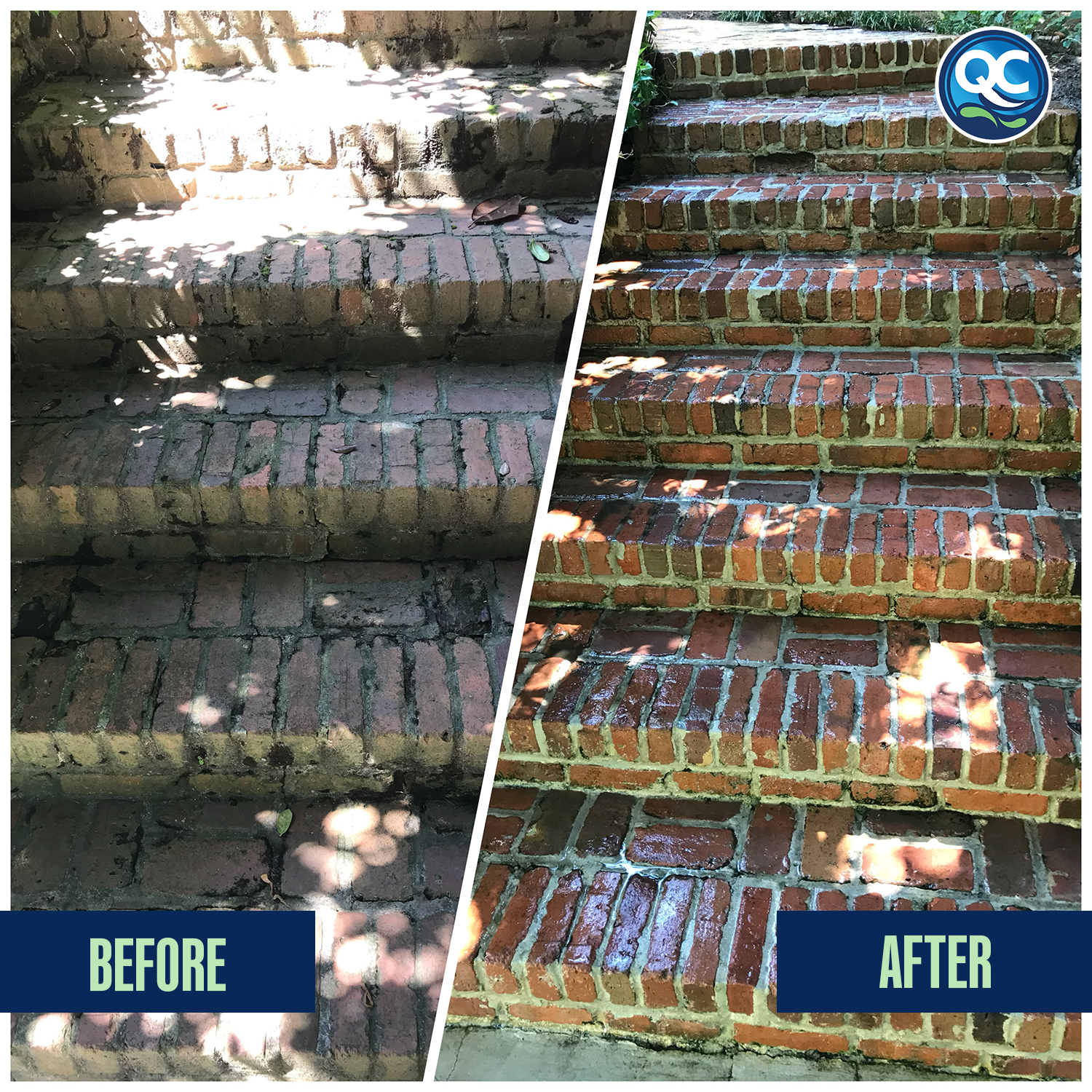 Side-by-side comparison of brick steps before and after cleaning or restoration, with the left side showing weathered, dirty bricks with discoloration and the right side displaying cleaner, brighter bricks with restored mortar joints.