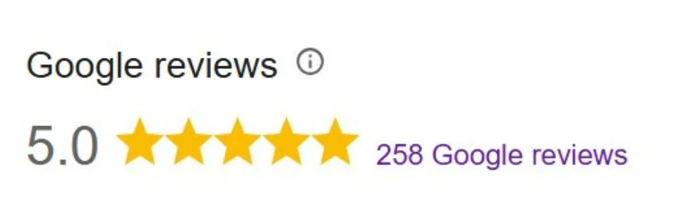 Google reviews star rating showing 5.0 out of 5 stars based on 258 reviews.
