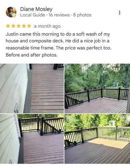 Comparison photos of a house deck showing before and after cleaning and staining. The deck is made of wooden planks with a black railing, located outside a house surrounded by trees.