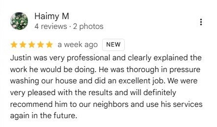 Screenshot of a positive customer review for a house cleaning service, praising Justin for being professional, thorough, and effective in pressure washing a house.