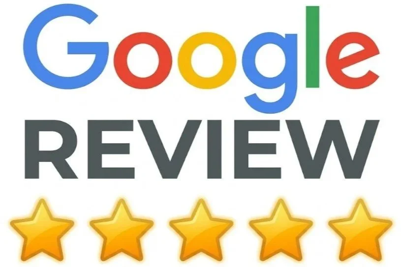 Google Review with five gold stars and the word "REVIEW" in bold black letters.