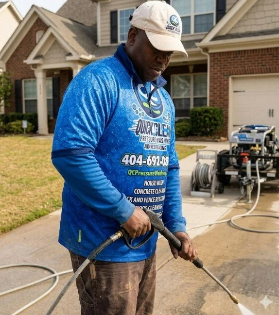 A man wearing a white cap and blue jacket holding a pressure washer hose in front of a residential house.