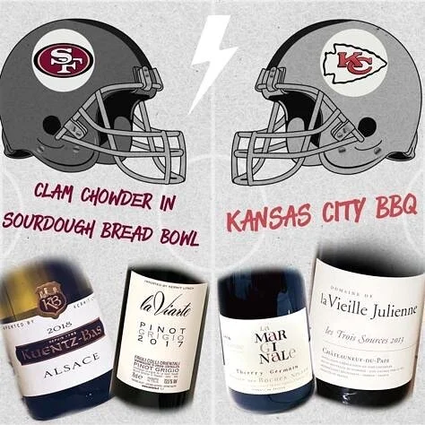 SAN FRANCISCO 49ERS vs KANSAS CITY CHIEFS SHOWDOWN: 🍷 Wine pairings with a quintessential dish from each city. Which pairing will win??? 🥇🏆.......................................... #superbowl #footballamericain #win #winetime #texas🇨🇱 #49ers #s