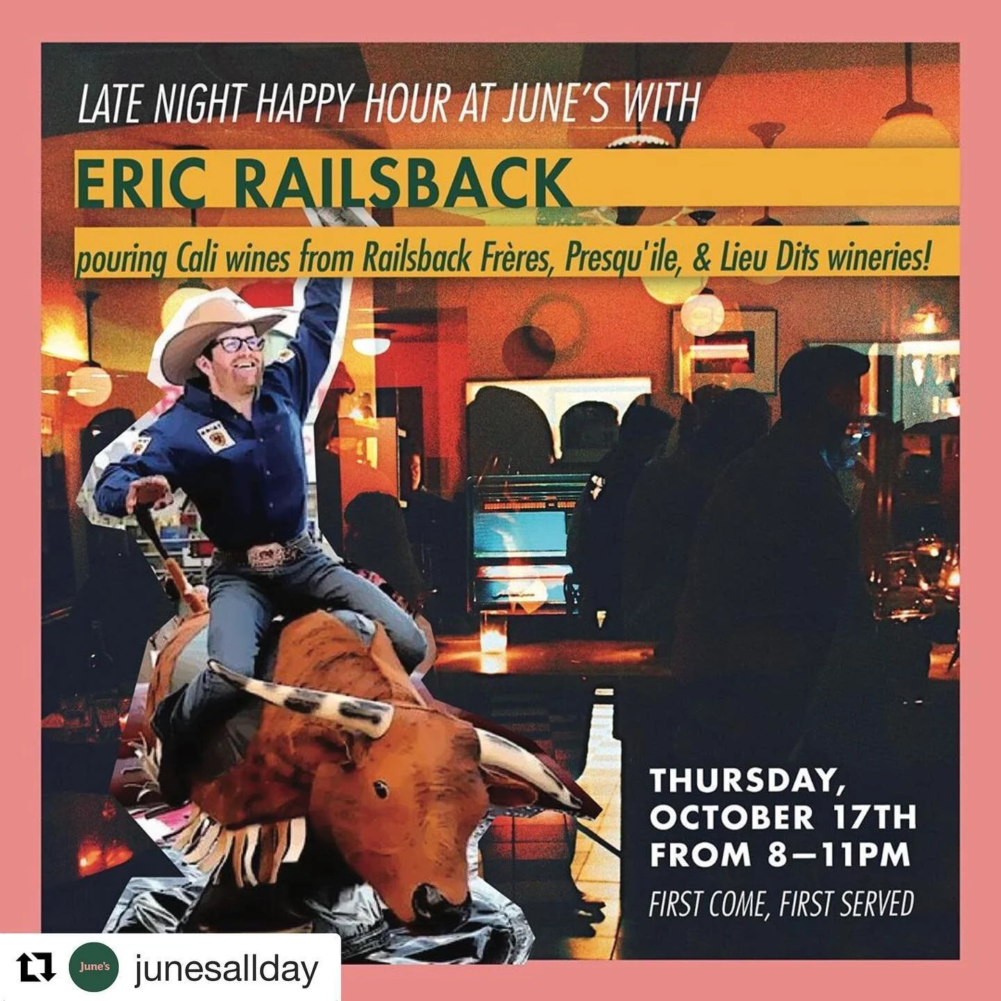 #Repost @junesallday with @get_repost
・・・
Join us for a late night happy hour with SOMM&rsquo;s ERIC RAILSBACK! This Thursday, October 17, we'll be pouring selections from three different Cali wineries: Railsback Fr&egrave;res, Presqu&rsquo;ile and m