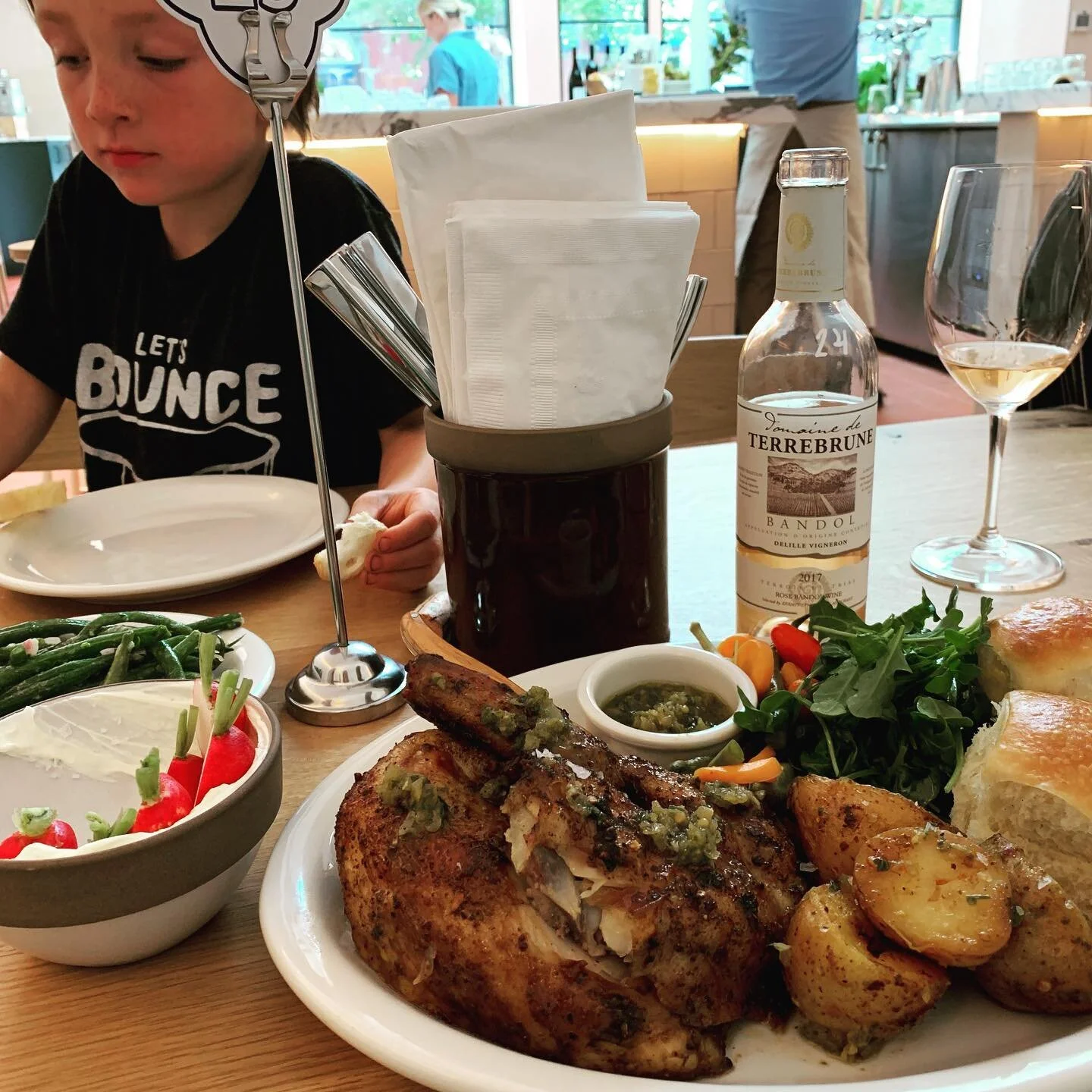 Found a ros' chicken and Bandol ros&eacute; spot.
Pro tip: Make a chx sandwich with radish butter and salsa Verde.
#thanksgivinginaugust #rotisseriechicken #babybottles #pretendingtobeinsouthoffrance